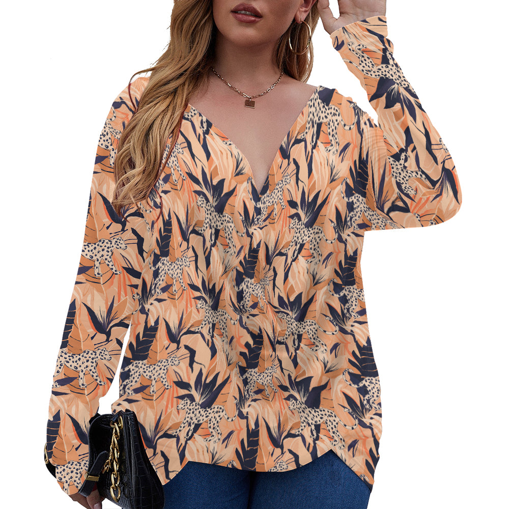 Abstract Jungle Pattern Leopard V-Neck Long Sleeve Plus Size T-Shirt