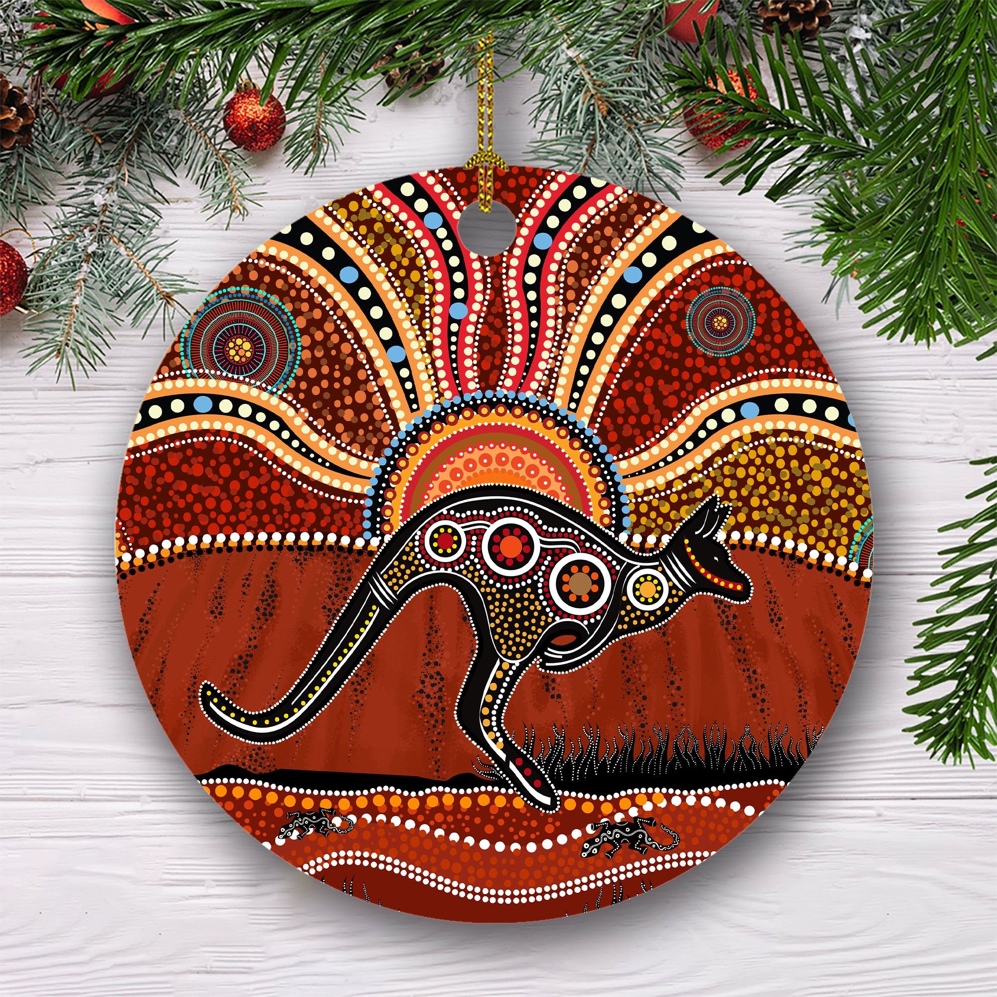 Aboriginal Art Kangaroo Running Christmas Ornaments