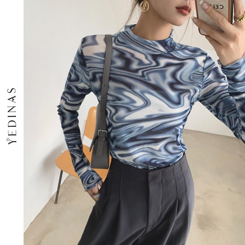 Yedinas Tie Dye Blue Mesh Top Long Sleeve T Shirt Women Turtleneck See Through Tshirt Designer Y2k Fashion 2021 Spring Autumn alx