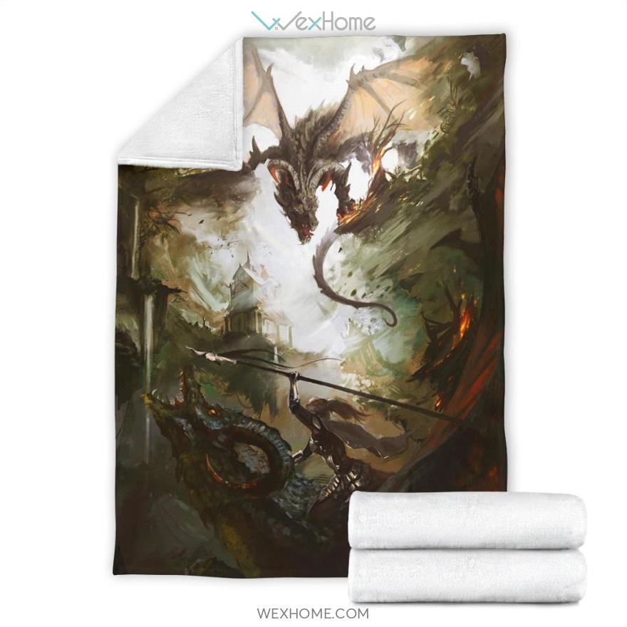 Dragon Storm Battle Art Print Premium Blanket