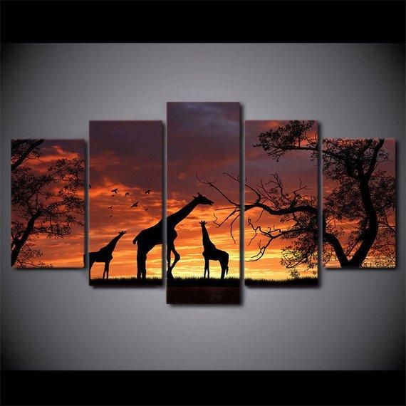 Sunset Giraffes Giraffe Animal 5 Panel Canvas Art Wall Decor