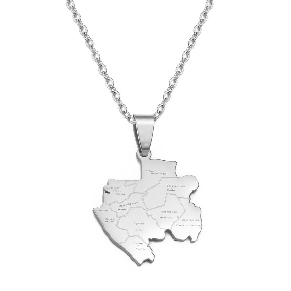 Anniyo Gabon Map With Cities Name Pendant Necklaces Gabonaise Maps Gabonese Jewelry Stainless Steel Material #301421 alx