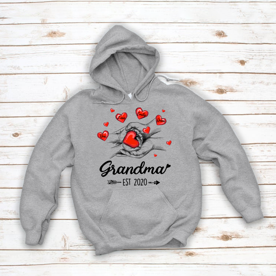 Grandma Est Heart Hand With Grandkids Hoodie