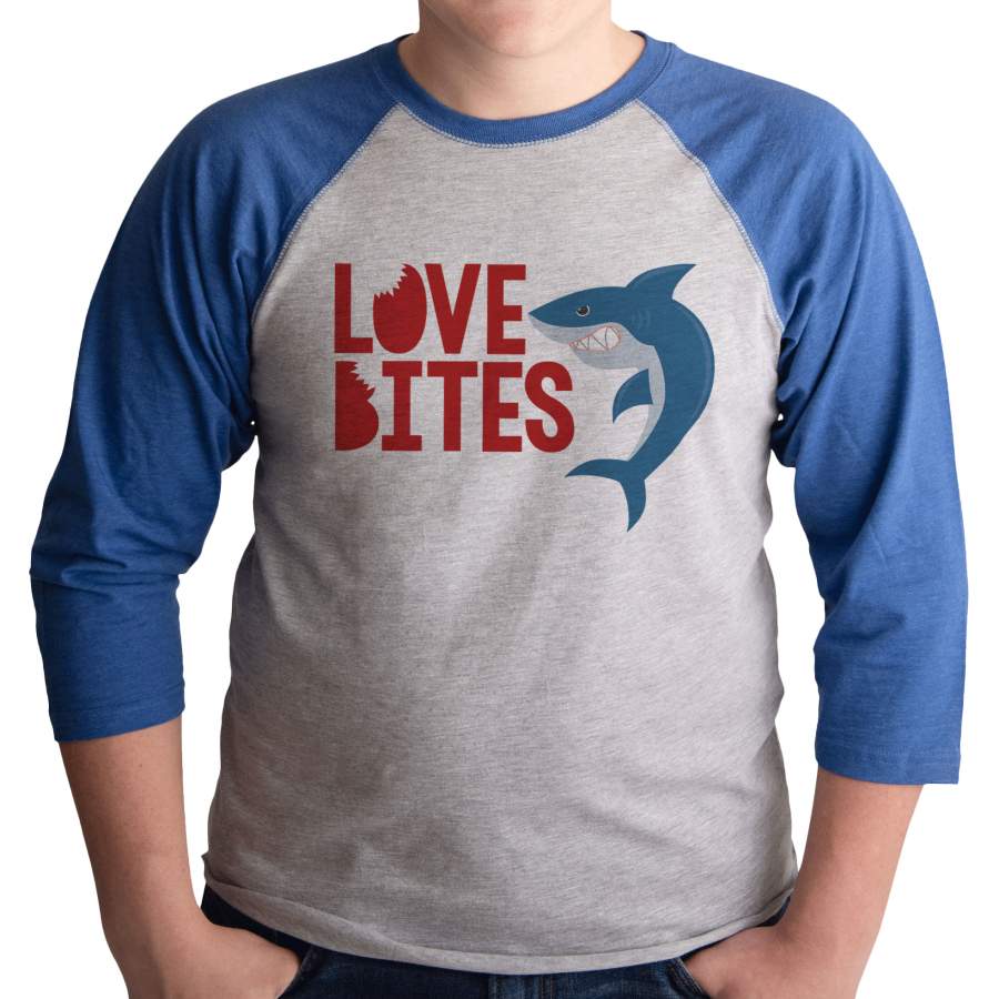 7 ate 9 Apparel Men’s Love Bites Shark Valentine’s Day Blue Raglan Shirt