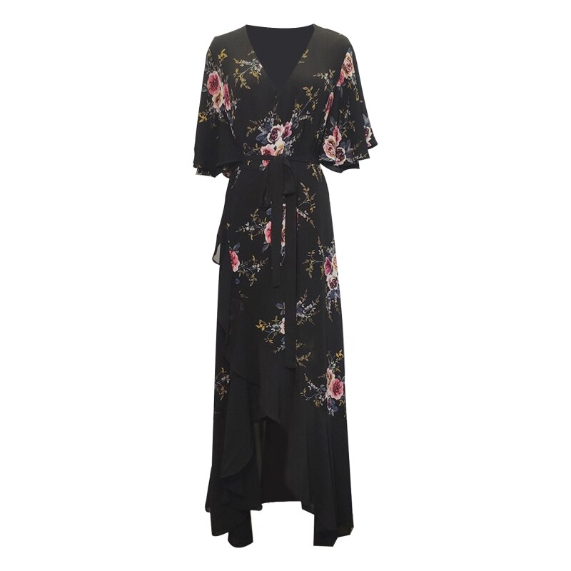 Women Plus Size Chiffon Splicing Half Sleeve V-Neck Maxi Long Swing Dress Bohemian Floral Print Tie Waist Split Wrap Front NEW alx