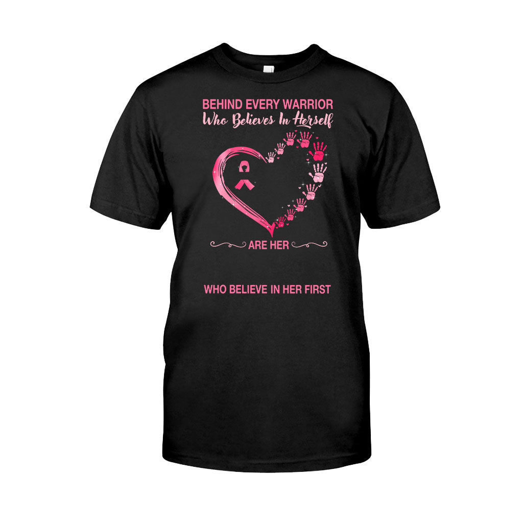 Behind Every Warrior Pink Heart Hand Prints – Breast Cancer Awareness Personalized T-Shirt And Hoodie