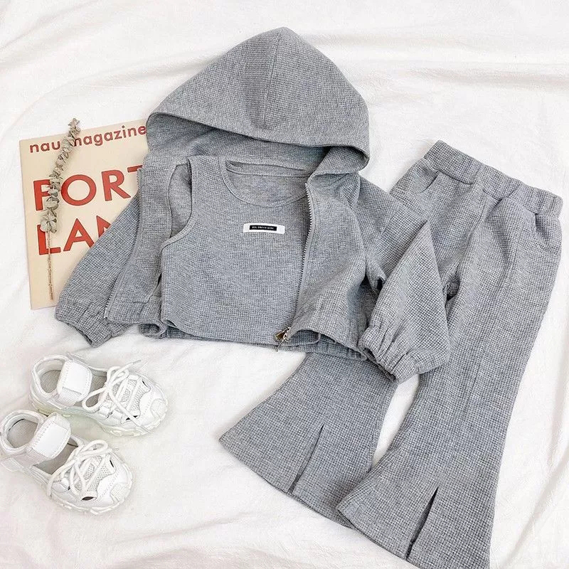 3Pcs/Set Sping Autumn New Fashion Sweater Suit For Baby Girls Gray Hooded Coat Vest And Bell-Bottom Pants Kids Cotton Sports Set alx