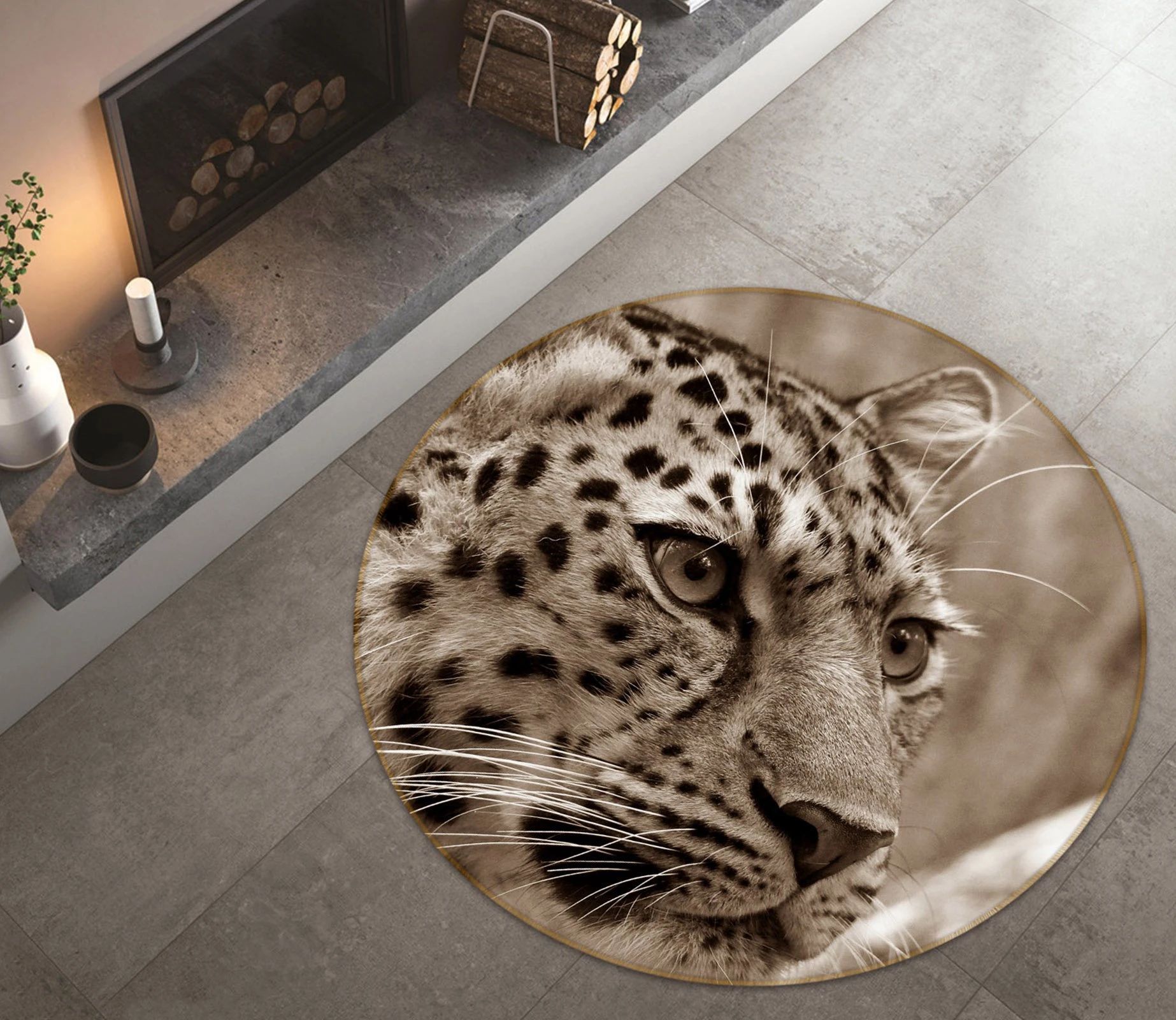 Serious Leopard Face Printed Round Rug – Round Carpet Home Decor