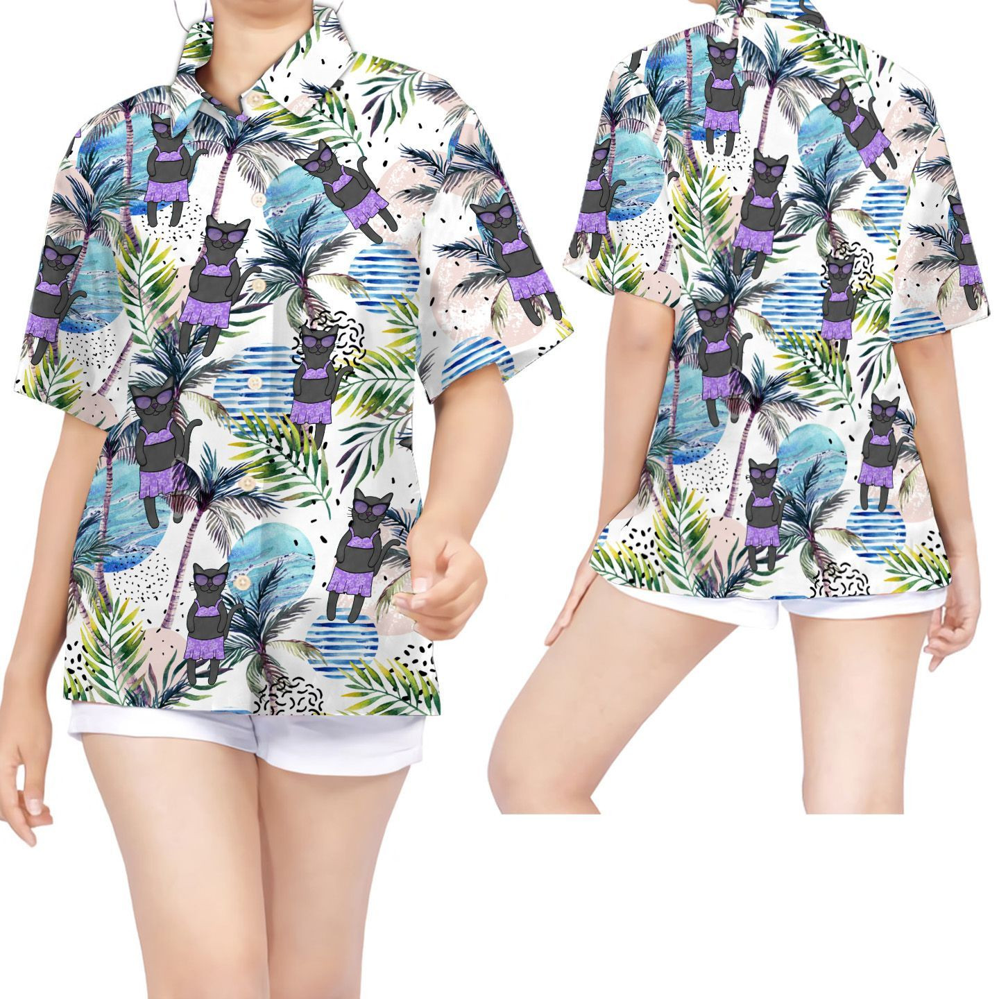 Black Cat And Beach Women Hawaiian Shirt For Pet Lovers In Daily Life – Gift For Cat Lovers