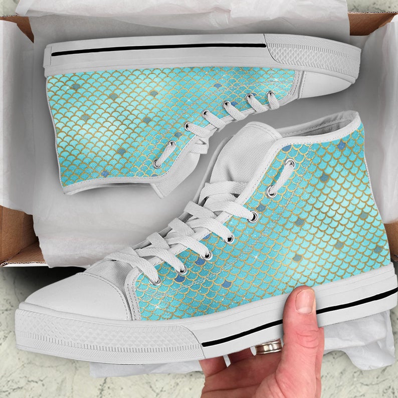 The Kawaii Teal&Gold Mermaid Light High Sneaker, Cute, Cool, Mermaid Scales, Whimiscal, Fairy Kei, Kawaii Grunge, Alternative Girls,