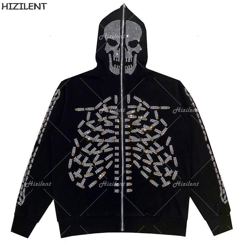 Zip-up Hoodie Women Y2K Clothes Fashion Hoodies Cool Rhinestones Skeleton Print Unisex Sweatshirt Zipper Tops Coats alx