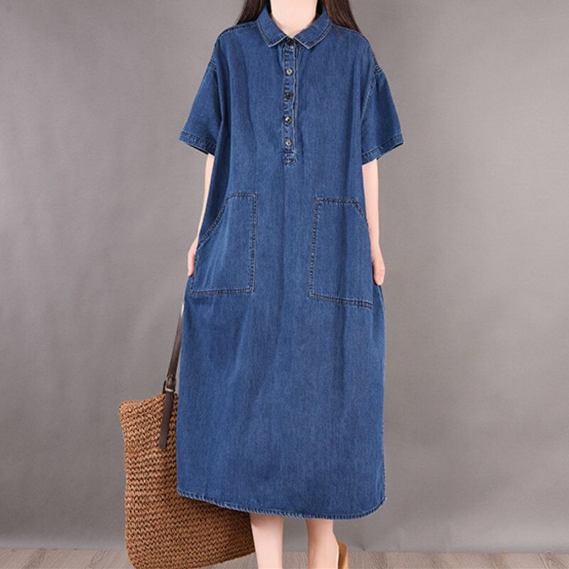 2022 New Arrival Korea Style Washed Turn-down Collar Blouse Denim Dress Street Fashion Women Travel Casual Summer Midi Dress alx