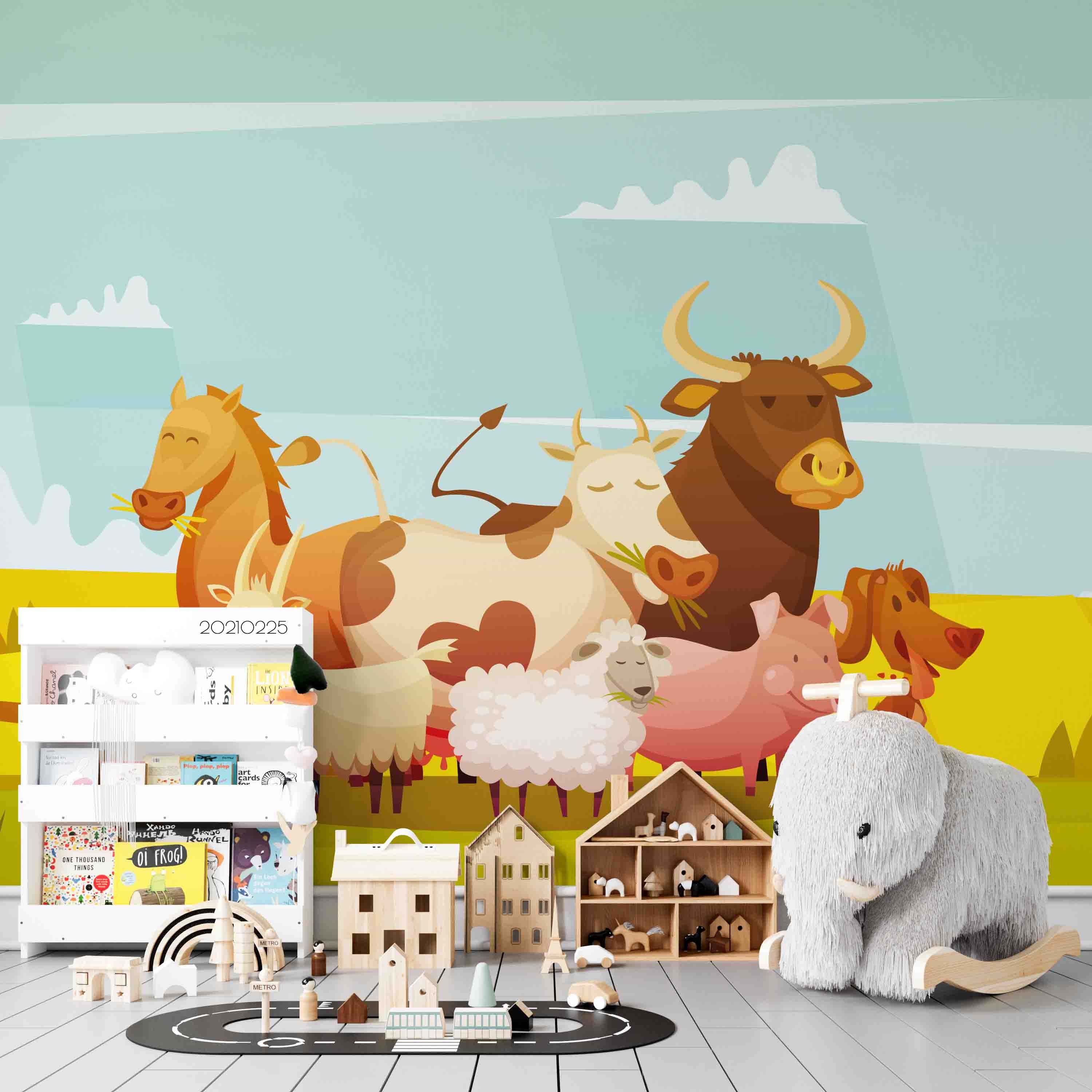 3D Cartoon Sky Ranch Animal Wall Mural Wallpaper Lqh 192