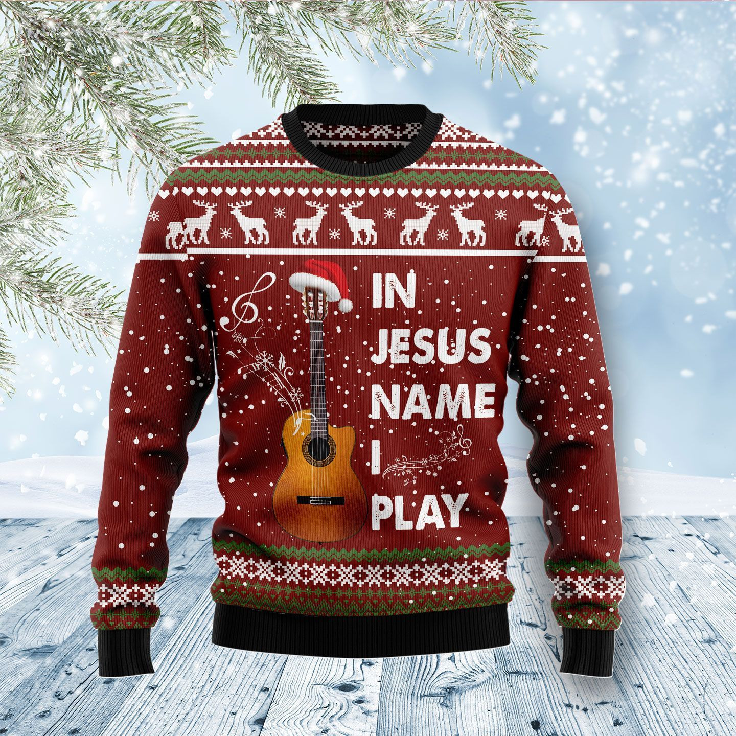 In Jesus Name I Play Guitar Christmas Wool Sweater