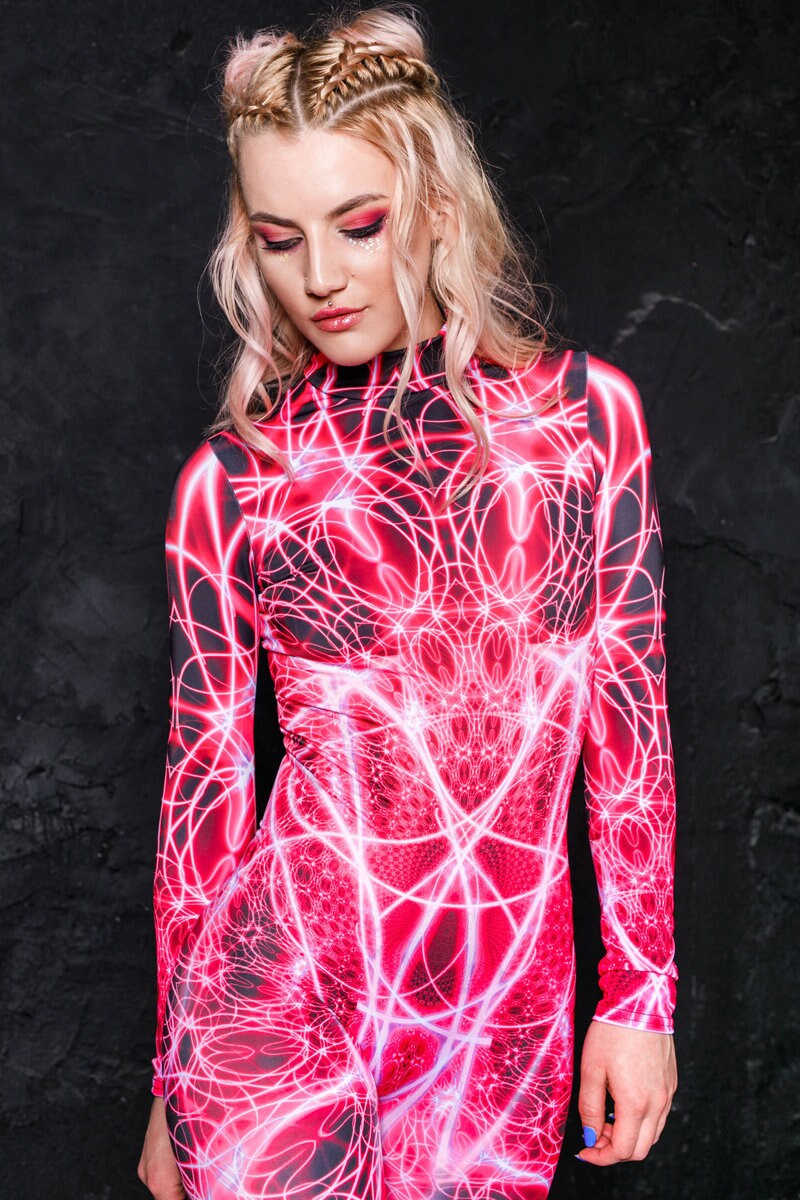 Pink Lightning Catsuit, UV Glow Rave Catsuit, Burning Man Adult Costume, festival catsuit for women, spandex catsuit, rave gear, rave wear