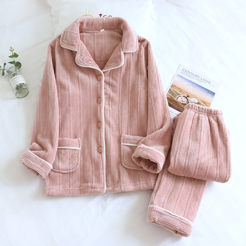 Winter Flannel Couple Clothes Pajama Set Sleepwear Femme Pyjama Long Sleeve Trouser Ensemble Female Pijama Thicken Warm Homewear alx