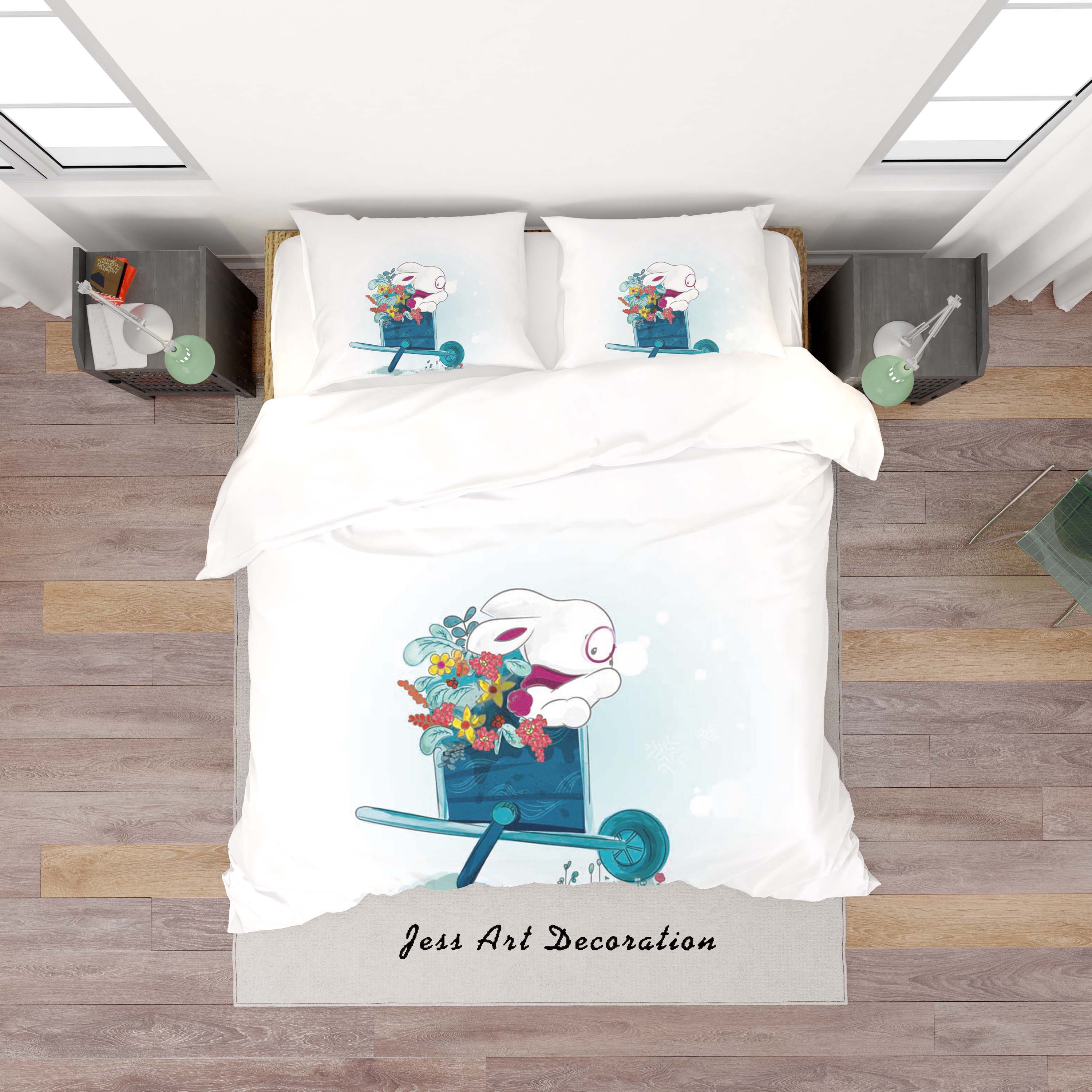 3D White Cartoon Cart Floral Rabbit Quilt Cover Set Bedding Set Duvet Cover Pillowcases Sf59