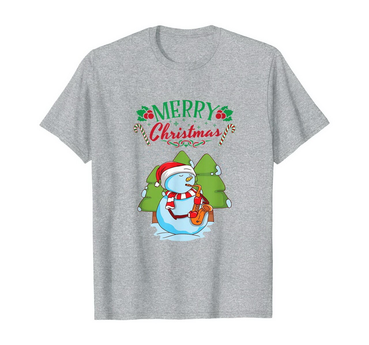 Merry Christmas Candy Cane Snowman Saxophone Player Sax Gift T-Shirt New