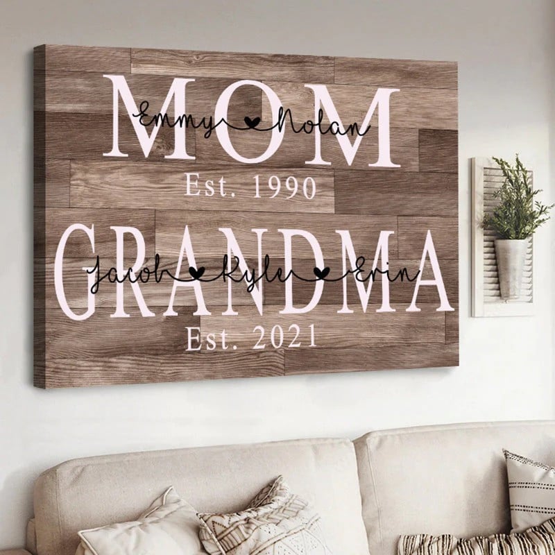 Personalized Mom Est Grandma Est Canvas Prints With Grandkids, Gift For Mom