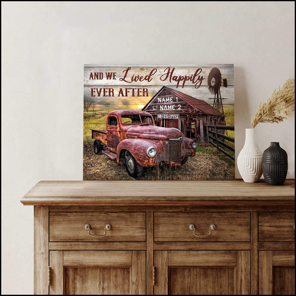 Romantic And Truck And We Lived Happily Ever After Couple Name Canvas And Poster, Canvas Wall Art, My Poster Wall