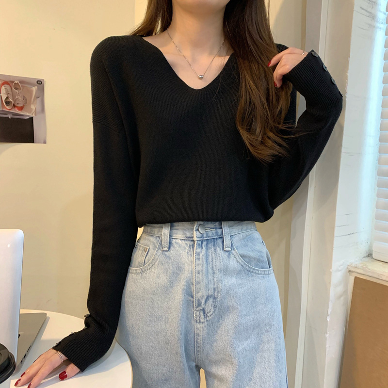 Women Sweaters V-neck Pullovers Buttons Spring Autumn Solid Fashion Simple Chic Korean Style Ins Stylish Knitted Tops Ulzzang alx