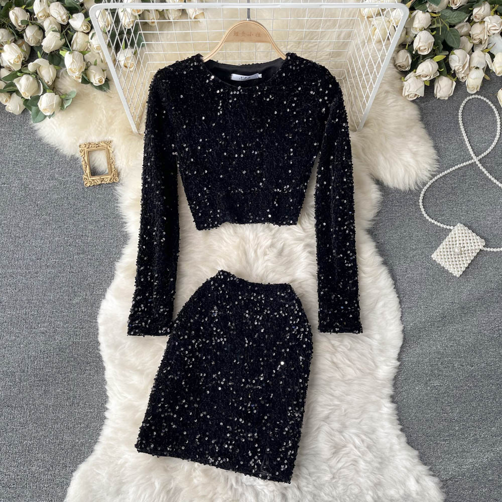 WIGADFHK High-end Small Fragrance Suit Fashion Sequined Short Long-sleeved T-shirt High-waist A-line Skirt Chic Two-piece Female alx