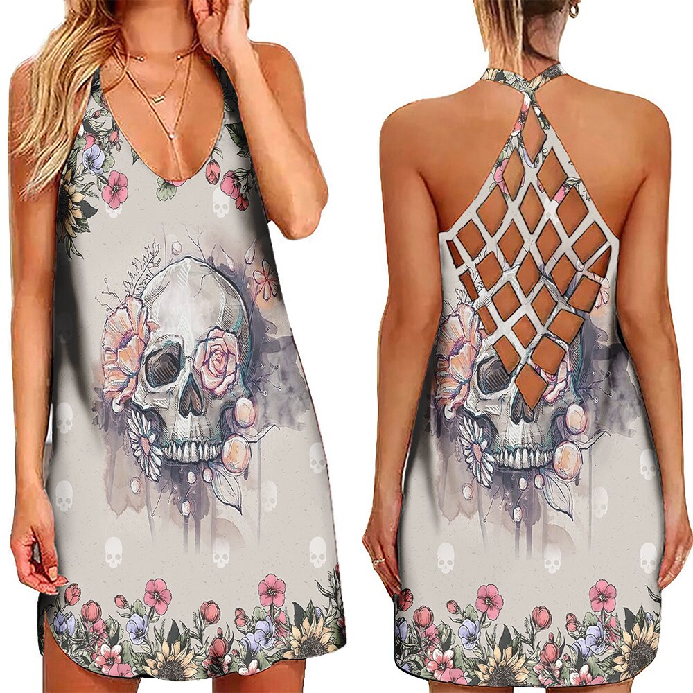 Women Loose Floral Skull Print Dress Large Big Printed Summer Casual Party Beach Dresses alx