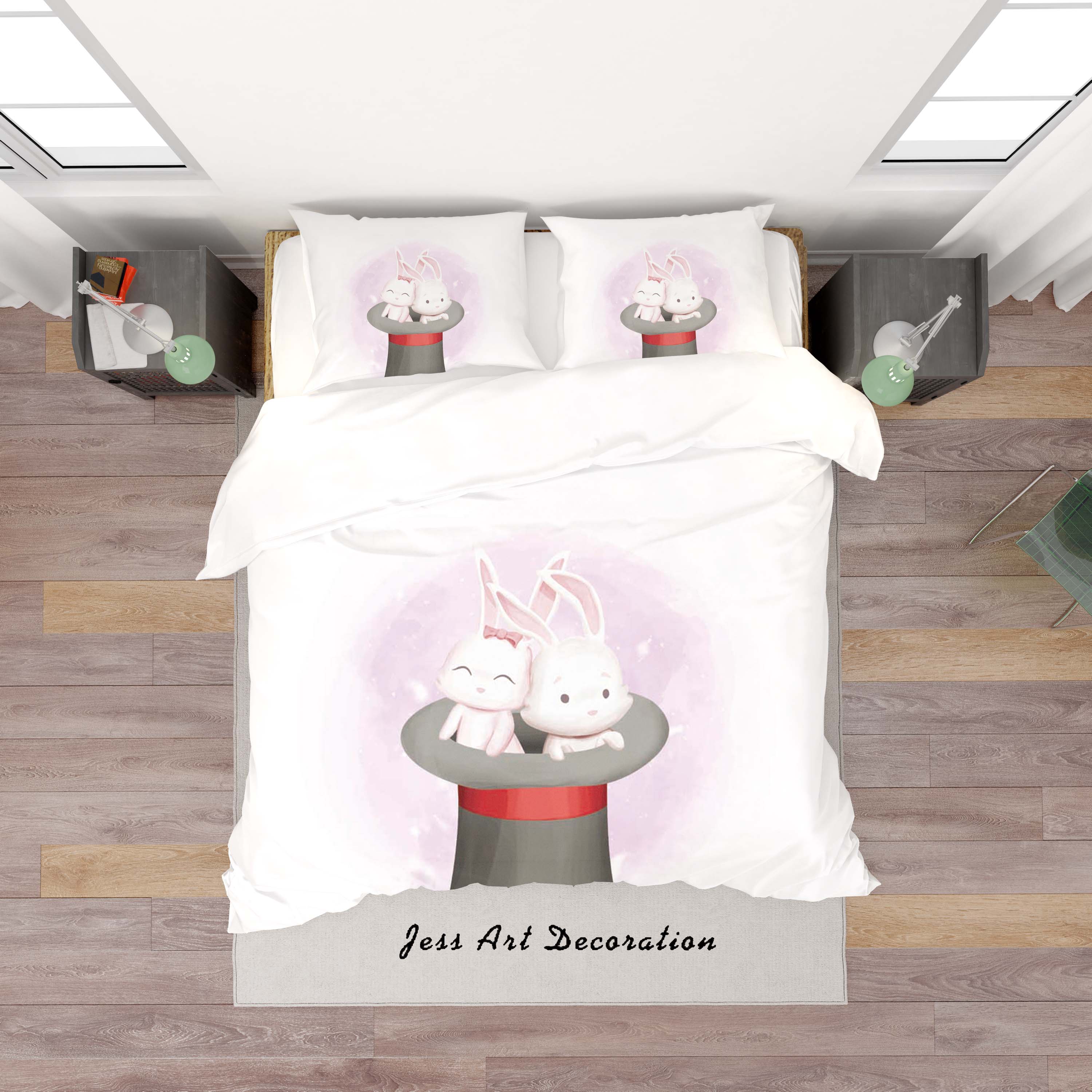 3D White Bowler Hat Rabbit Quilt Cover Set Bedding Set Duvet Cover Pillowcases Sf61