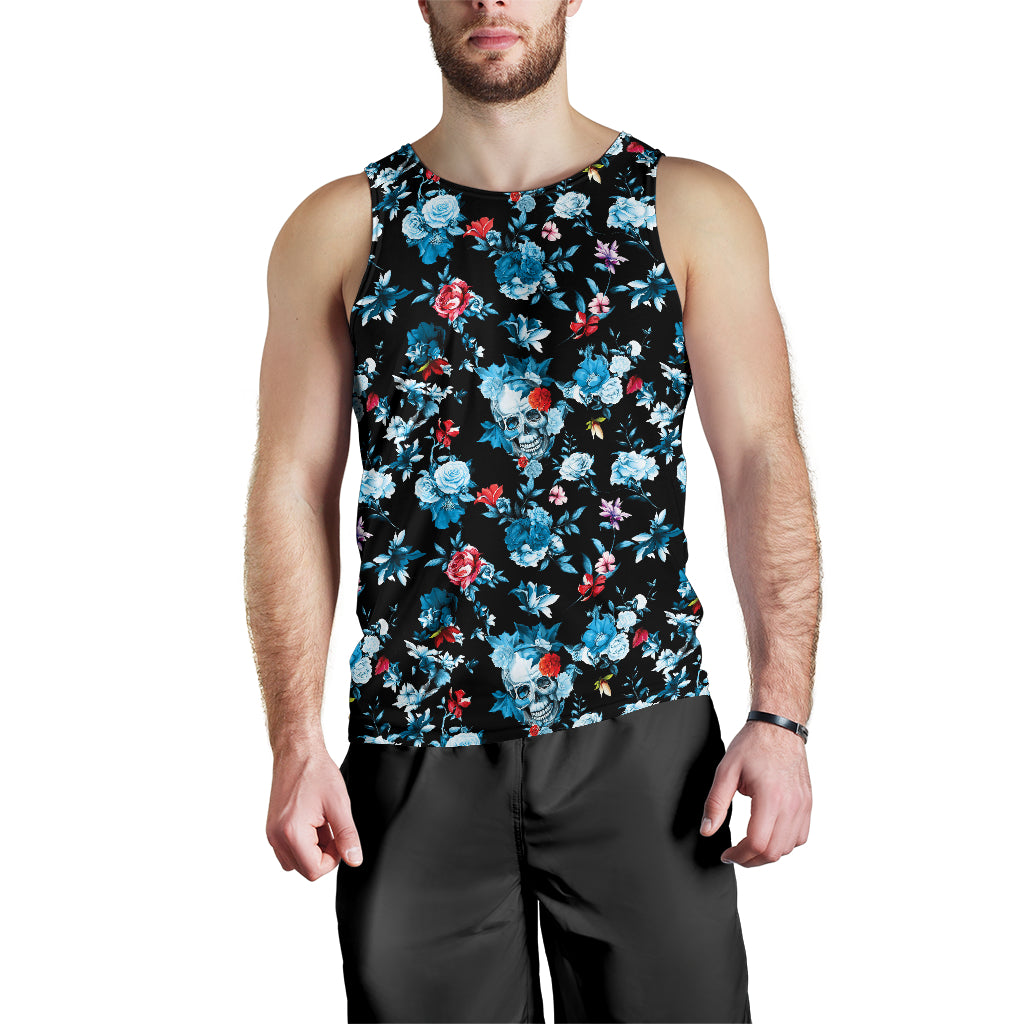 Skull Flower Roses Leave Pattern Men Tank Top