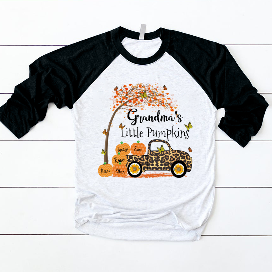 Grandma’S Little With Grandkids Pumpkins Leopard Shirt