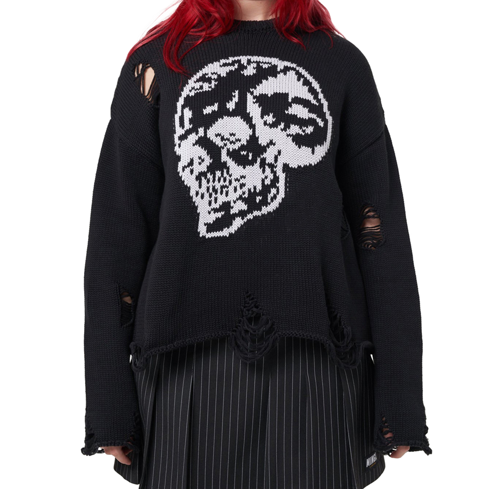 Y2k Women Fashion Wild Sweater Skull Print Round Neck Long Sleeve Ripped Knitted Pullovers Autumn Winter Casual Tops alx