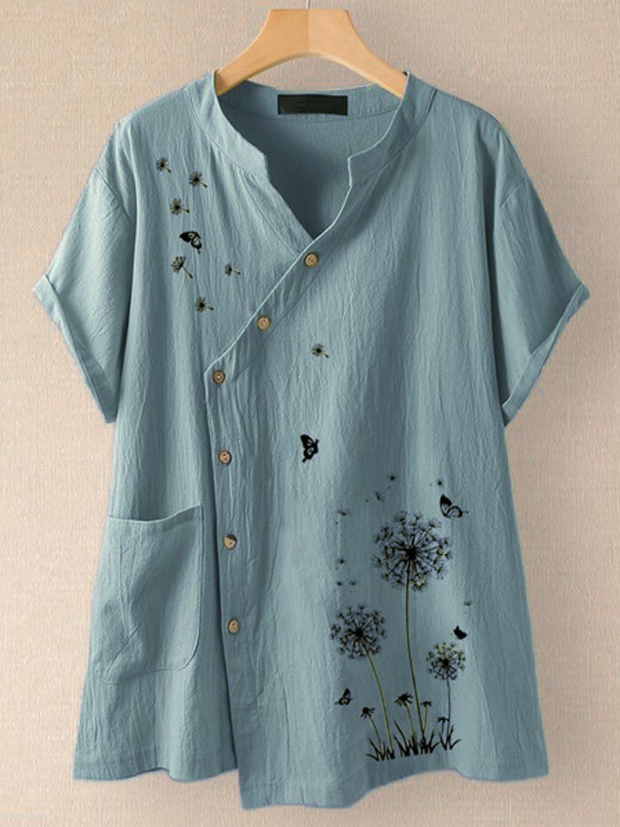 Women’S Loose Vintage Linen Cotton Floral Dandelion Print Plus Size T-Shirt