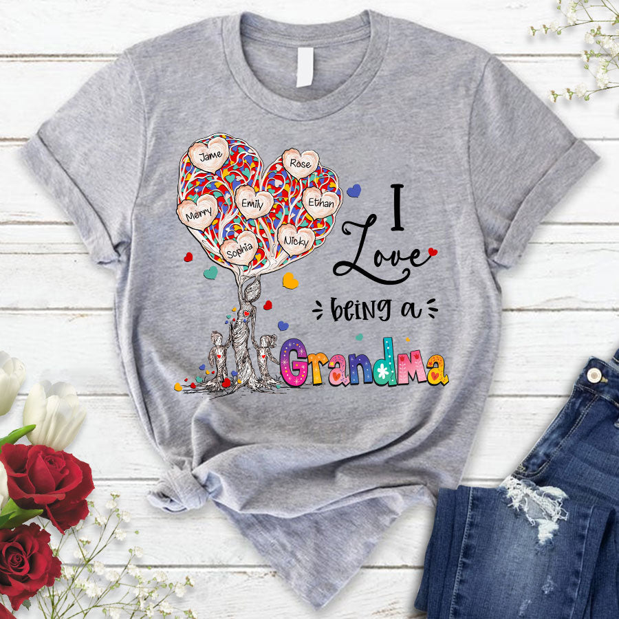 Personalized Tree Heart I Love Being Grandma, Mimi With Grandkid, Nana Shirt