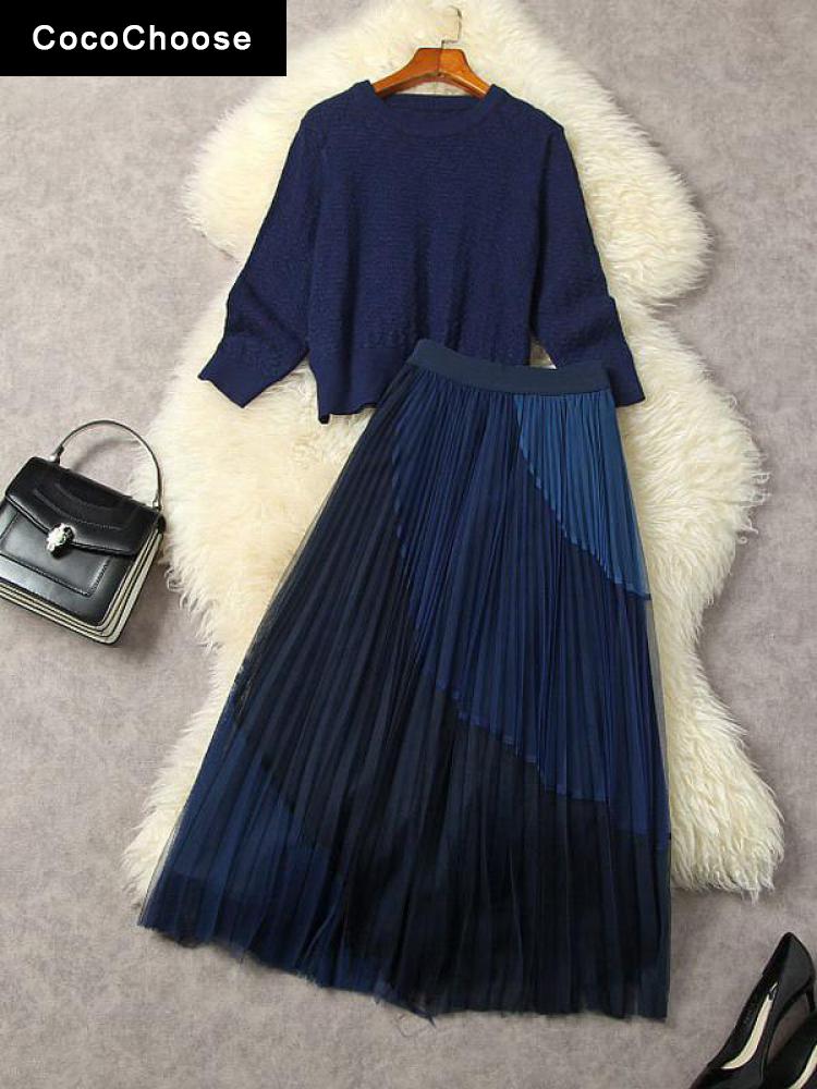 2022 Autumn Winter Knitted Top and Skirt Suit Designer Sweater Women 2 Piece Outfits Casual Mesh Pleated Midi Dress Sets Gray alx