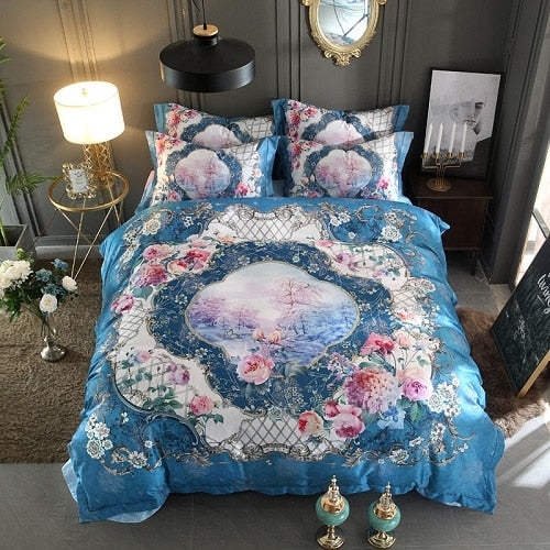 Luxury Peacock Beauty Floral 3D Satin Duvet Cover Set, Silk Cotton Bedding Set