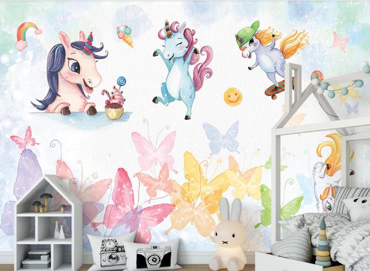 3D Hand Drawn Animal Unicorn Butterfly Wall Mural Wallpaper Lqh 161