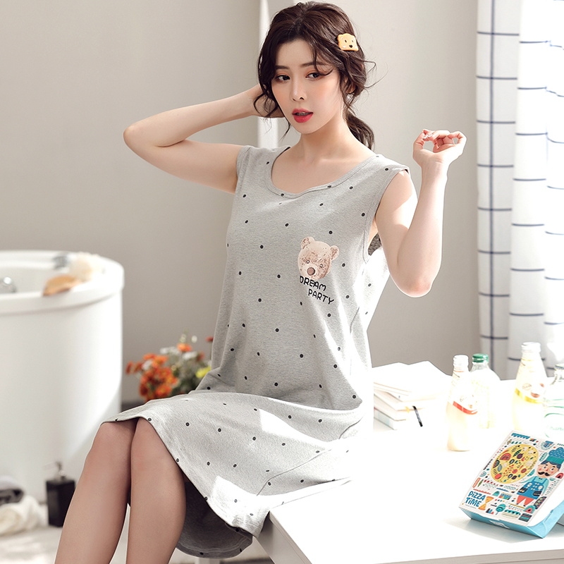 Summer Women’s Nightgowns Sleeveless Full Pure Cotton Dress Cute Girls Big Yards M-5XL Sleepwear Polka Dot Printed Sleepwear alx