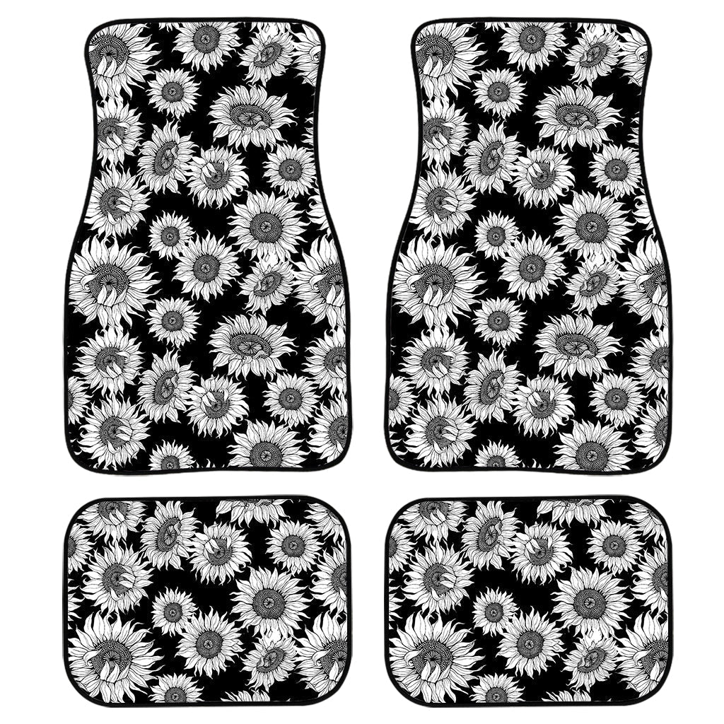 Black And White Sunflower Pattern Print Front And Back Car Floor Mats, Front Car Mat