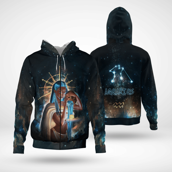 Zodiac Aquarius Girl For Black Queen Aquarius All Over Print 3D Unisex Zip Up Hoodie Us Size