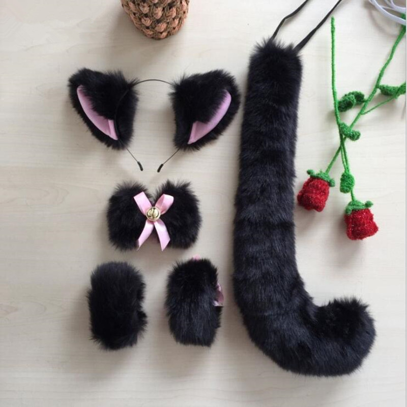 Women Lady Fox Cat Girls Plush Ear Bell Headband Tie Tail Paws Maid Fancy Dress Party Props Cosplay Costume Halloween Christmas alx