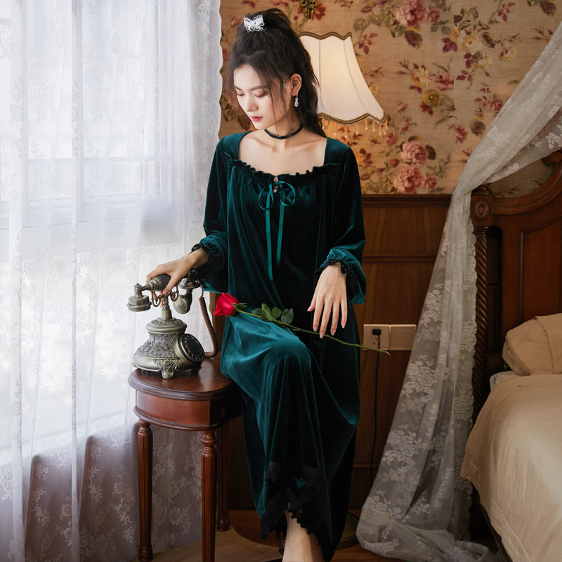 Women Winter Long Sleeve Nightgowns Plus Size Velvet Nightdress Loose Solid Night Gown Vintage Sleepwear Sexy Home Sleep Dress alx