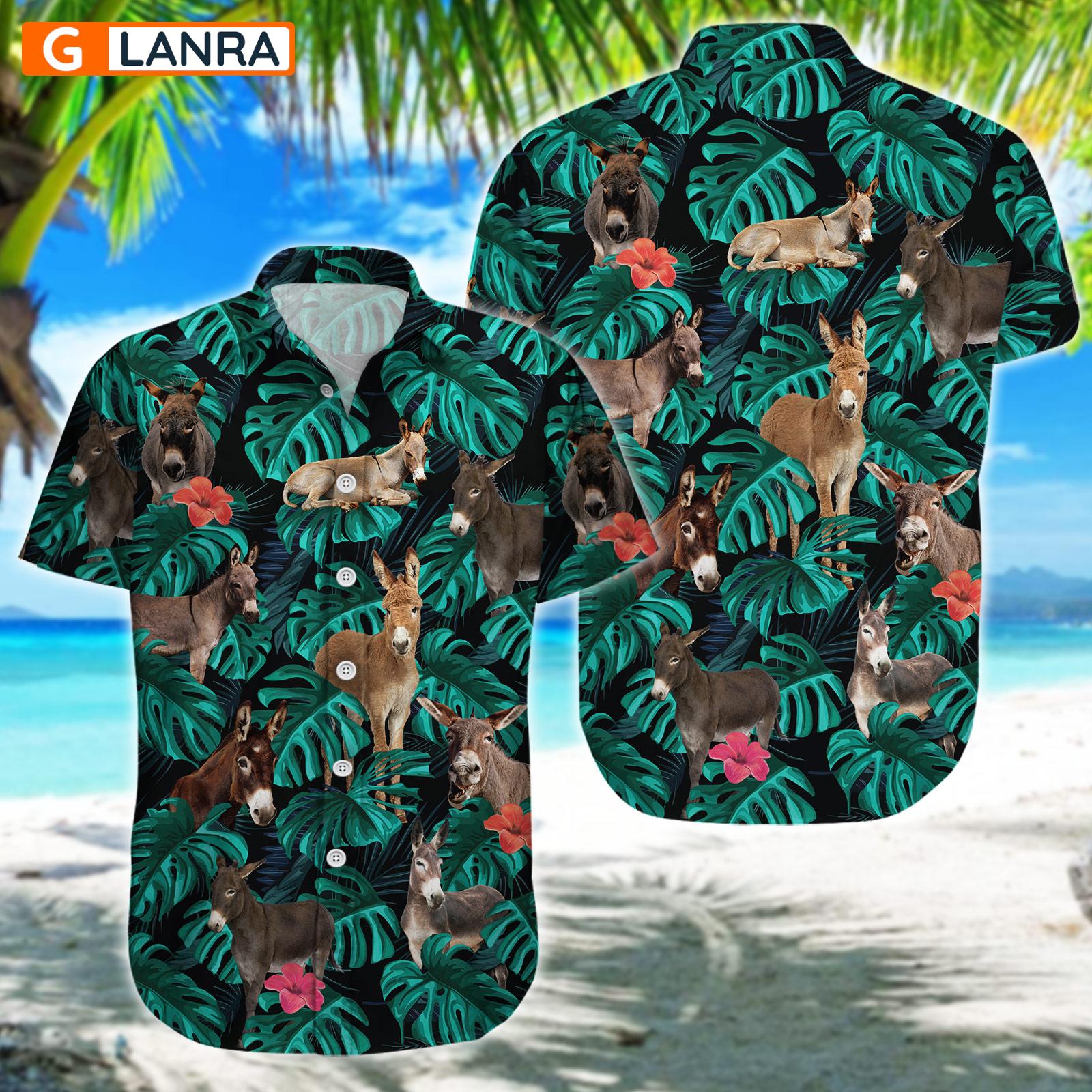 Donkey Palm Leaves Flower Button Shirt, Farm Donkey Button Shirt, Summer Donkey Hawaiian Shirt, Donkey Leaf Hawaiian Shirt, Summer Tropical Shirt