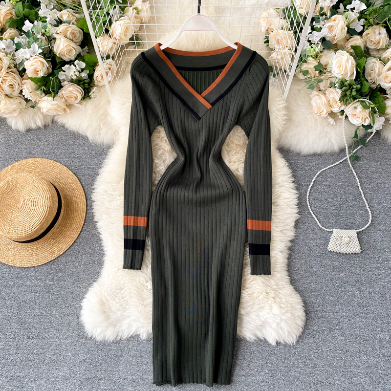 SINGREINY Striped Women Autumn Knitted Dress Long Sleeve Slim Sexy V Neck Outwear Bodycon Lady Winter Warm Sweater Long Dress alx