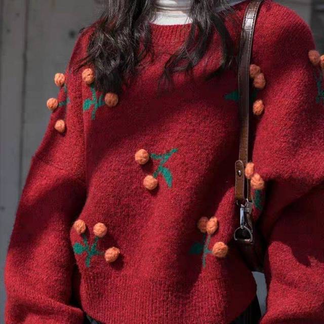 2021 Valentine’s Day Red Sweaters Cherry Short Women Winter Clothes Loose Coat Cherries Korean Style Tops Pulover Feminino alx