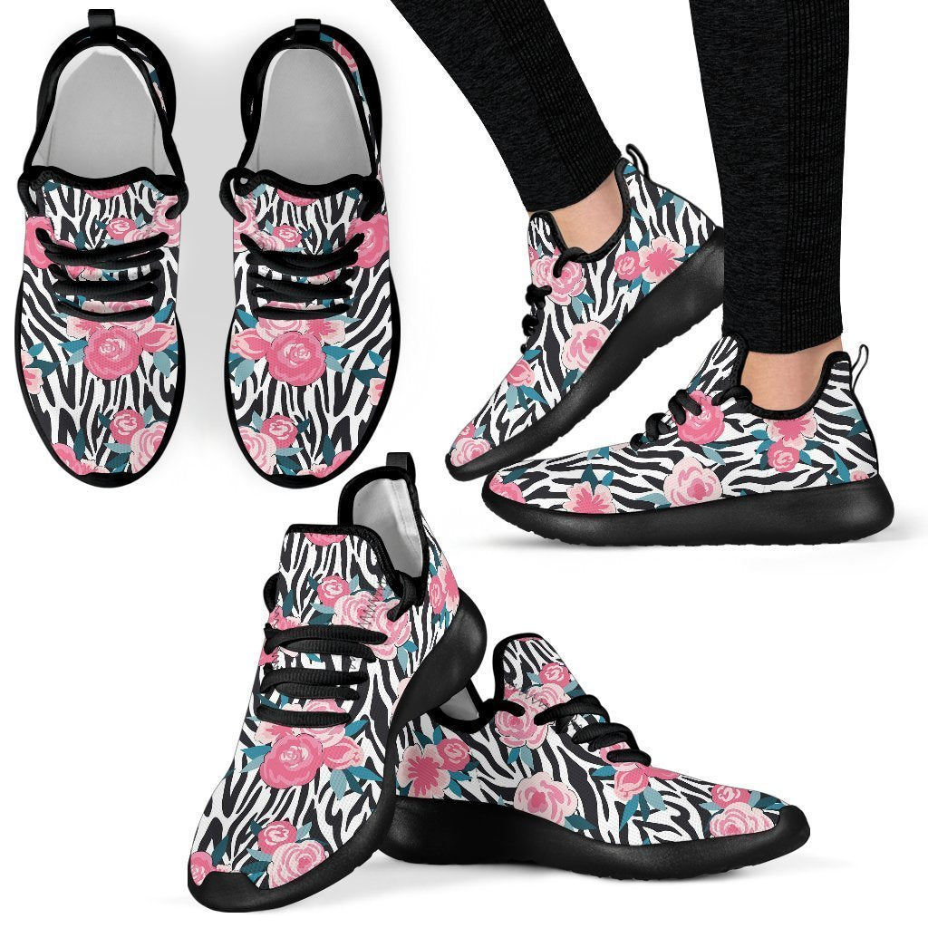 Black White Zebra Floral Pattern Print Mesh Knit Shoes