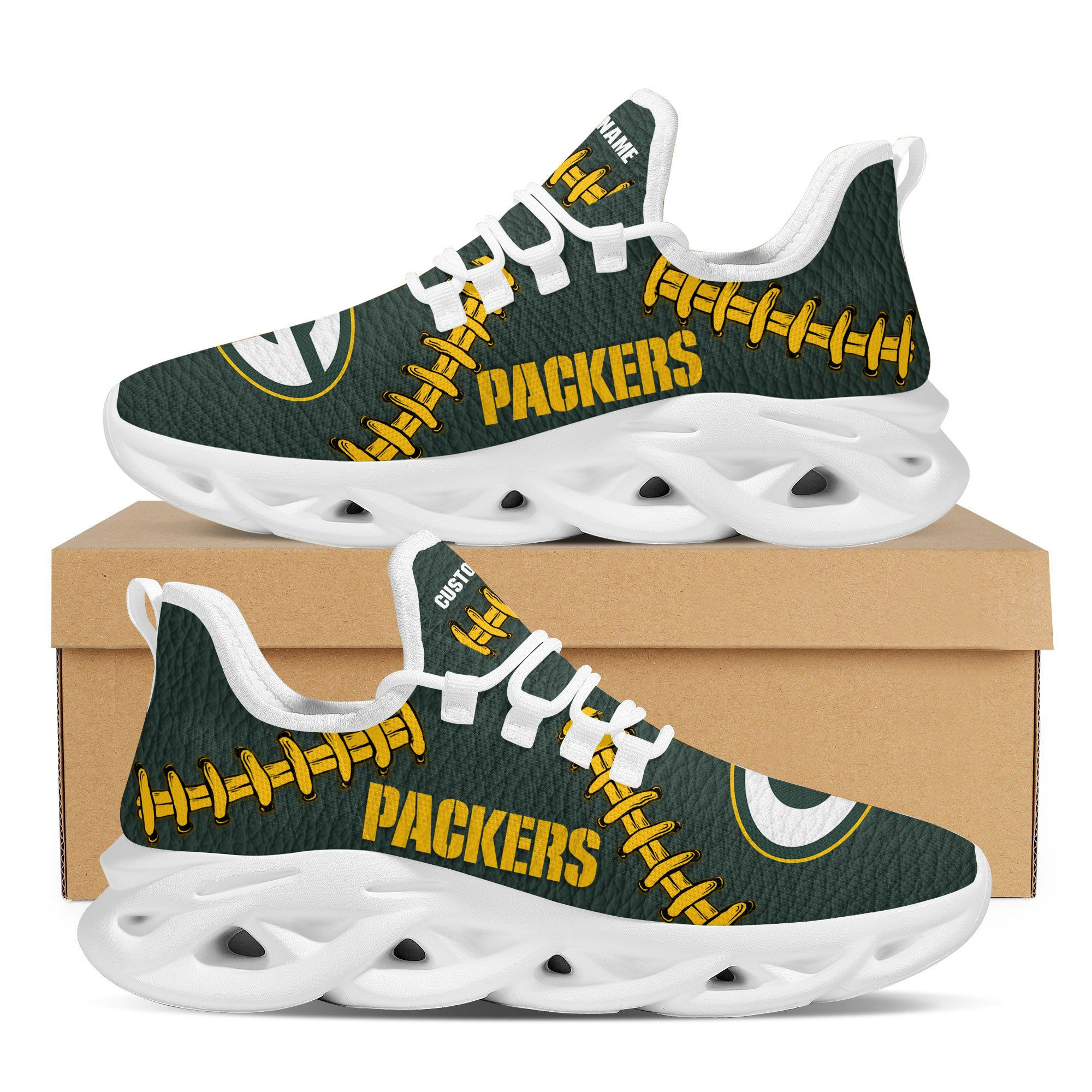 Green Bay Packersfootball Leather Surface Design Trending Max Soul Clunky Sneaker Shoes Custom Name Personalized For Mens Womens