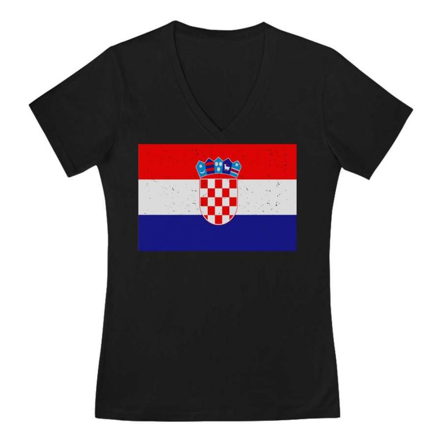 Vintage Croatia Flag V-Neck Fitted Women T-Shirt