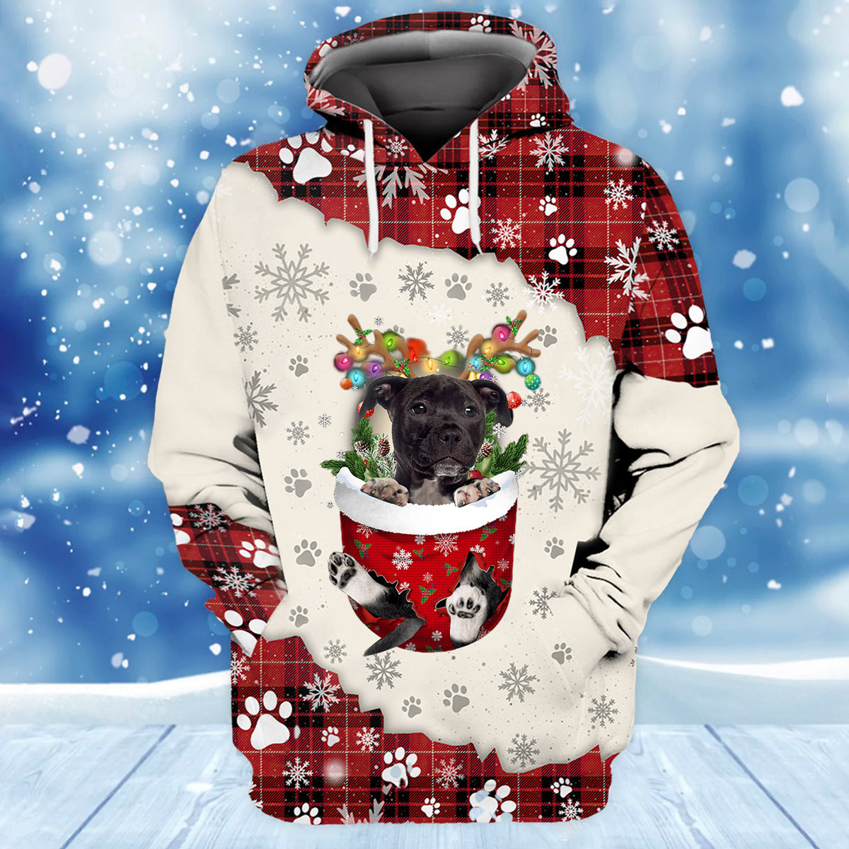 Black American Staffordshire Terrier In Snow Pocket Merry Christmas Unisex Hoodie