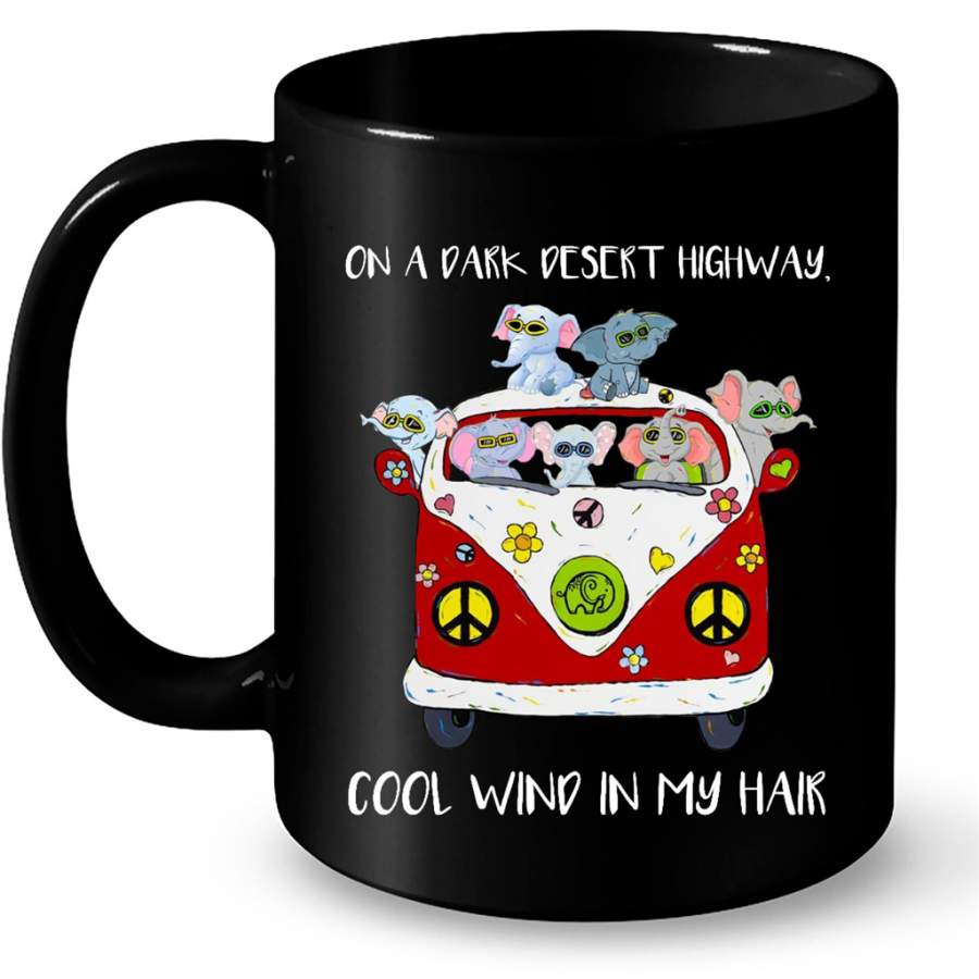 On A Dark Desert Highway, Cool Wind In My Hair, Elephant, Hippie Car, Peace Sign – Full-Wrap Coffee Black Mug