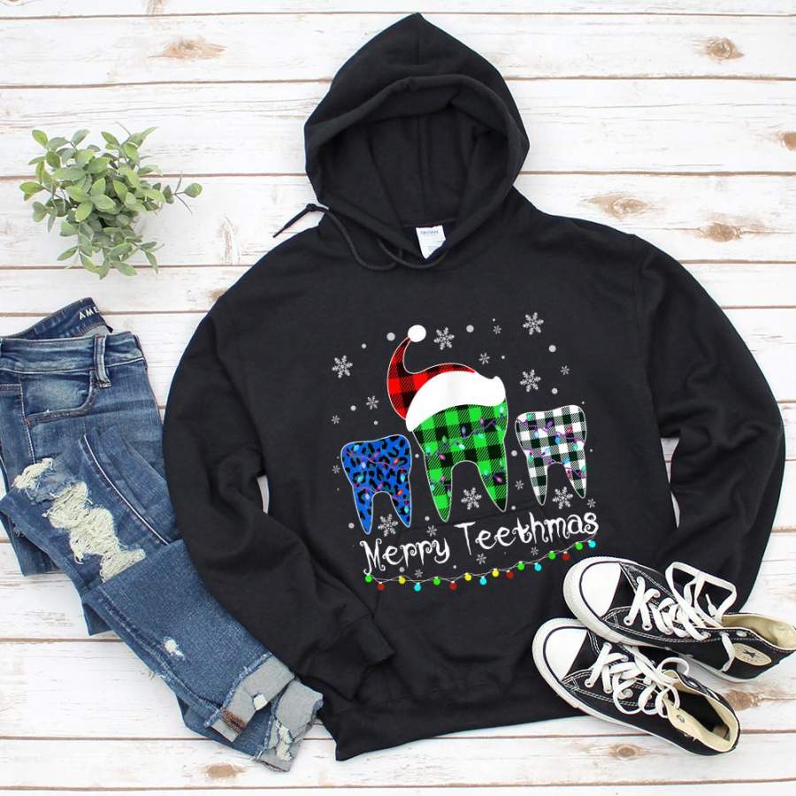 Merry teethmas christmas dentist teeth dental assistant xmas gift santa hat plaid light snow black hoodie for men and women S-5XL
